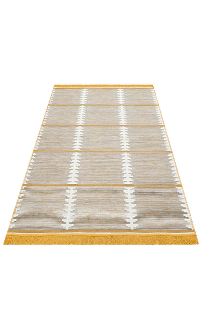 Modern Patterned Woven Washable Double Sided Cotton Black White Yellow Rug