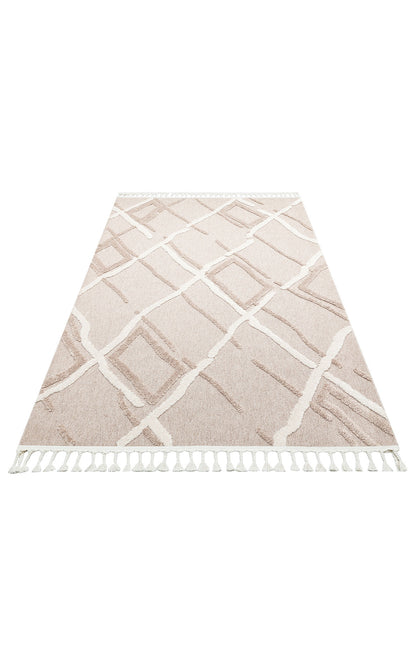 Beige White Soft Textured Antiallergic Modern Scandinavian Carpet with Ethnic Knitted Patterns