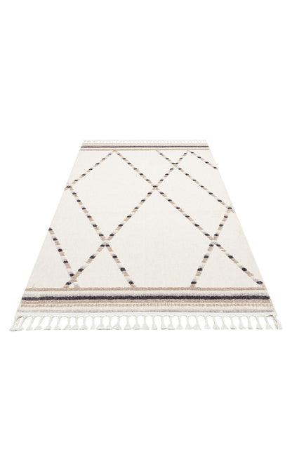 White Beige Soft Textured Antiallergic Modern Scandinavian Carpet with Ethnic Knitted Patterns