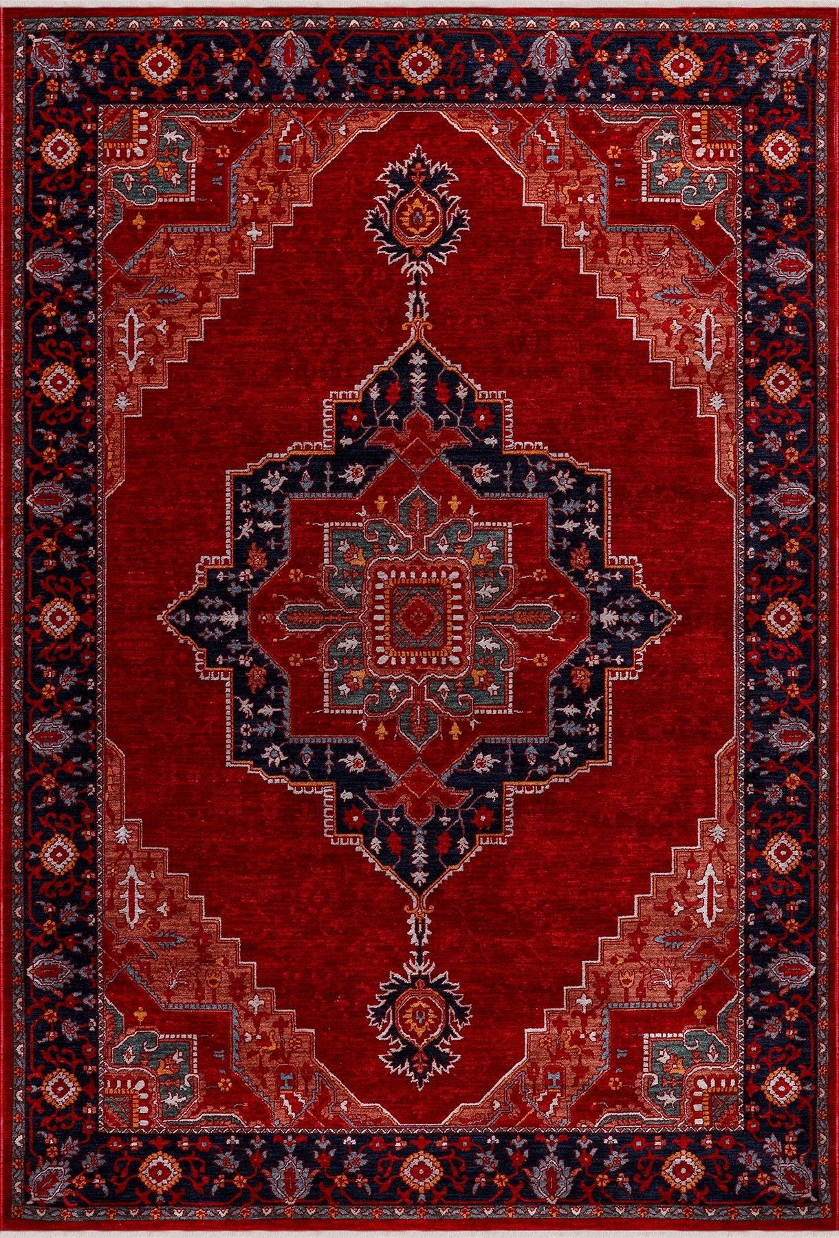 Anatolia Kırmızı Saçaklı Geleneksel Desenli Makine Halısı | Salon Oturma Odası Mutfak Koridor Yolluk Halı Modern Lüks