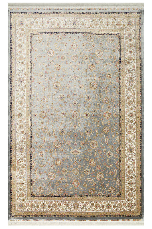 İpek Harem Serisi Bambu İplik Gri Krem Salon Halısı Klasik Desenli Sık Dokuma Doğal Yumuşak Dokulu