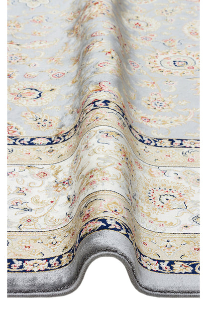 İpek Harem Serisi Bambu İplik Gri Krem Salon Halısı Klasik Desenli Sık Dokuma Doğal Yumuşak Dokulu