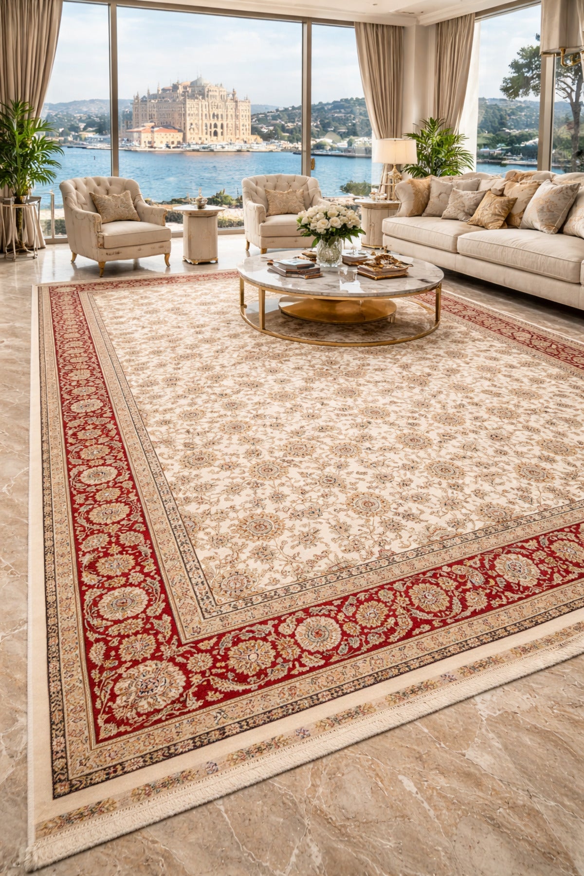 Silk Harem Series Bamboo Yarn Red Cream Living Room Rug Classic Pattern Tightly Woven Natural Soft Texture