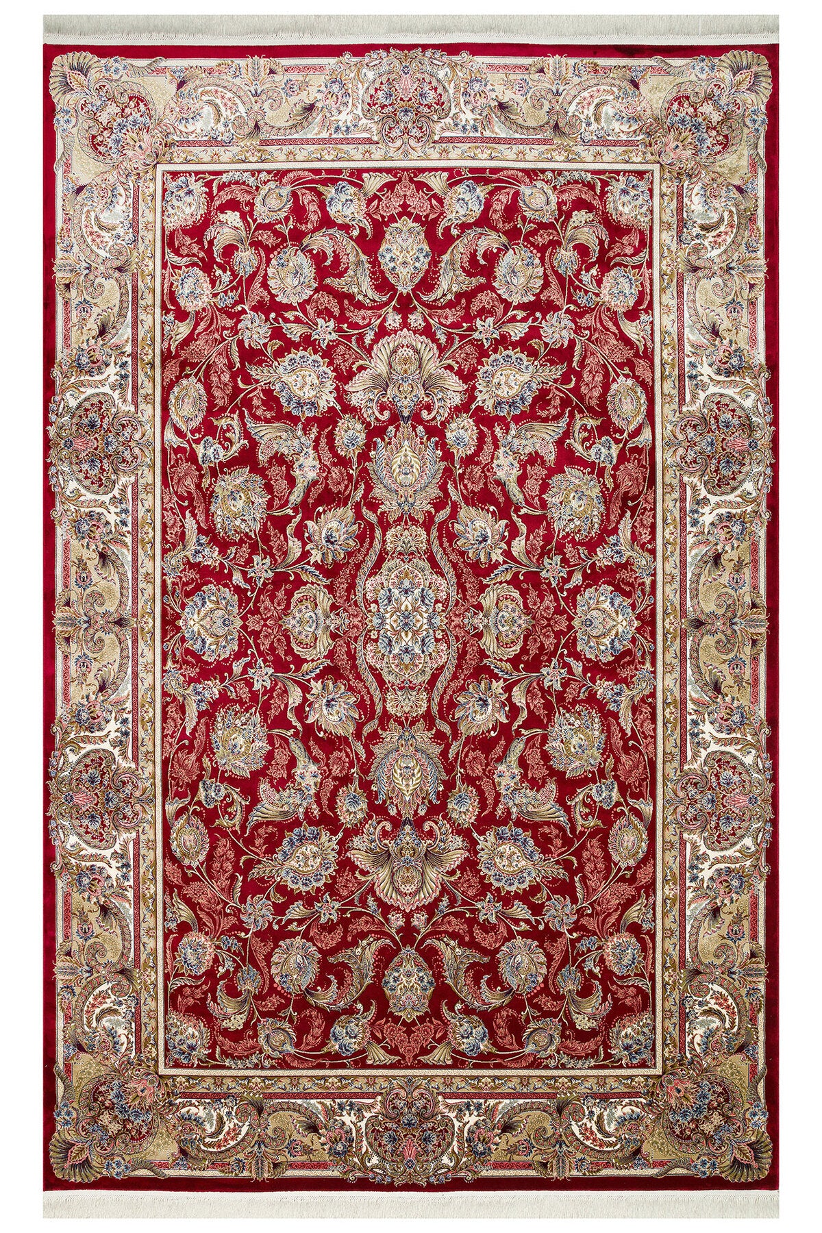 İpek Harem Serisi Bambu İplik Kırmızı Salon Halısı Klasik Desenli Sık Dokuma Doğal Yumuşak Dokulu