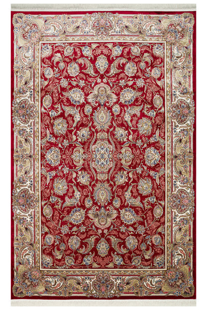 İpek Harem Serisi Bambu İplik Kırmızı Salon Halısı Klasik Desenli Sık Dokuma Doğal Yumuşak Dokulu