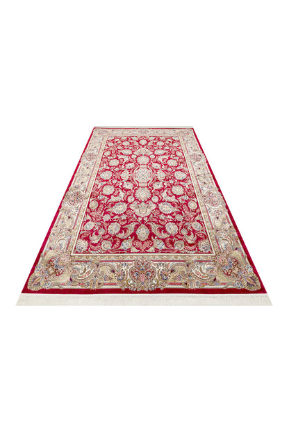 İpek Harem Serisi Bambu İplik Kırmızı Salon Halısı Klasik Desenli Sık Dokuma Doğal Yumuşak Dokulu