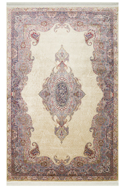 İpek Harem Serisi Bambu İplik Krem Salon Halısı Klasik Desen Sık Dokuma Doğal Yumuşak Dokulu