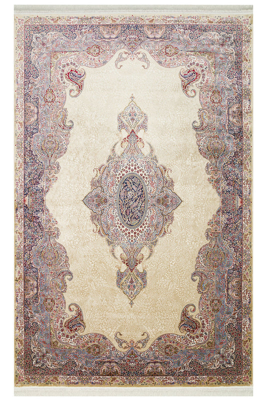 İpek Harem Serisi Bambu İplik Krem Salon Halısı Klasik Desen Sık Dokuma Doğal Yumuşak Dokulu