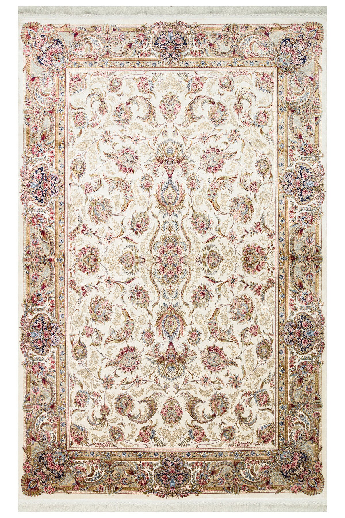 İpek Harem Serisi Bambu İplik Krem Salon Halısı Klasik Desenli Sık Dokuma Doğal Yumuşak Dokulu