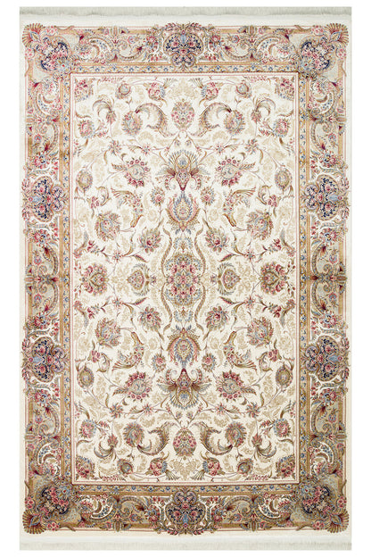 İpek Harem Serisi Bambu İplik Krem Salon Halısı Klasik Desenli Sık Dokuma Doğal Yumuşak Dokulu