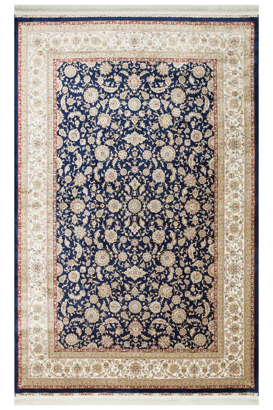 İpek Harem Serisi Bambu İplik Lacivert Krem Salon Halısı Klasik Desen Sık Dokuma Doğal Yumuşak Doku