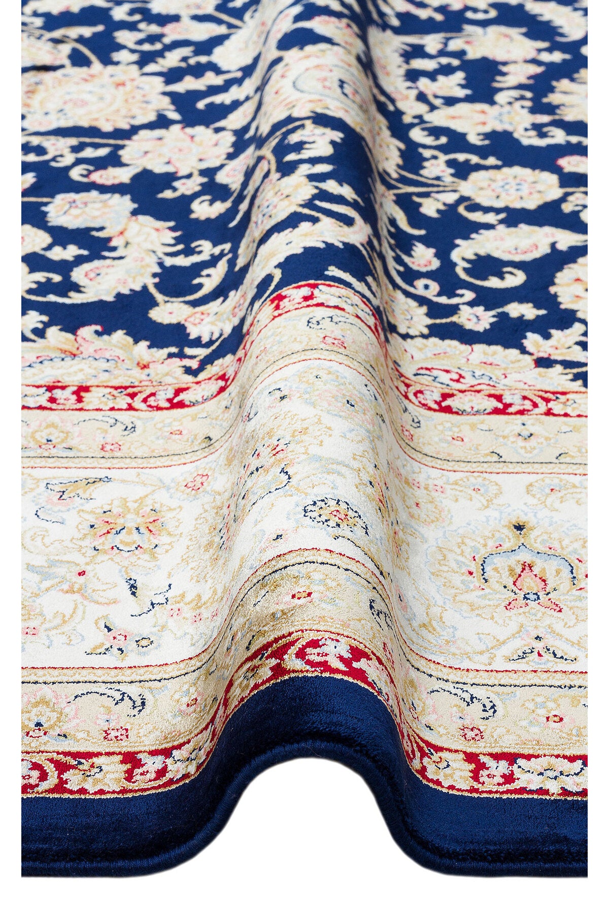 İpek Harem Serisi Bambu İplik Lacivert Krem Salon Halısı Klasik Desen Sık Dokuma Doğal Yumuşak Doku