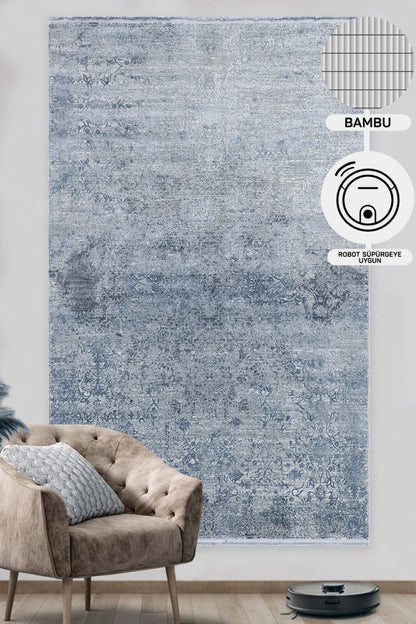 Luminous Bamboo Natural High Quality Closely Woven Modern High Low Texture Blue Living Room Carpet