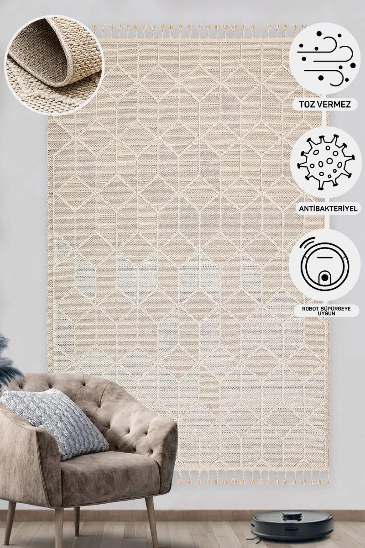 Scandinavian Knitted Loop Modern Soft Textured Antiallergic Beige Living Room Kitchen Hallway Carpet