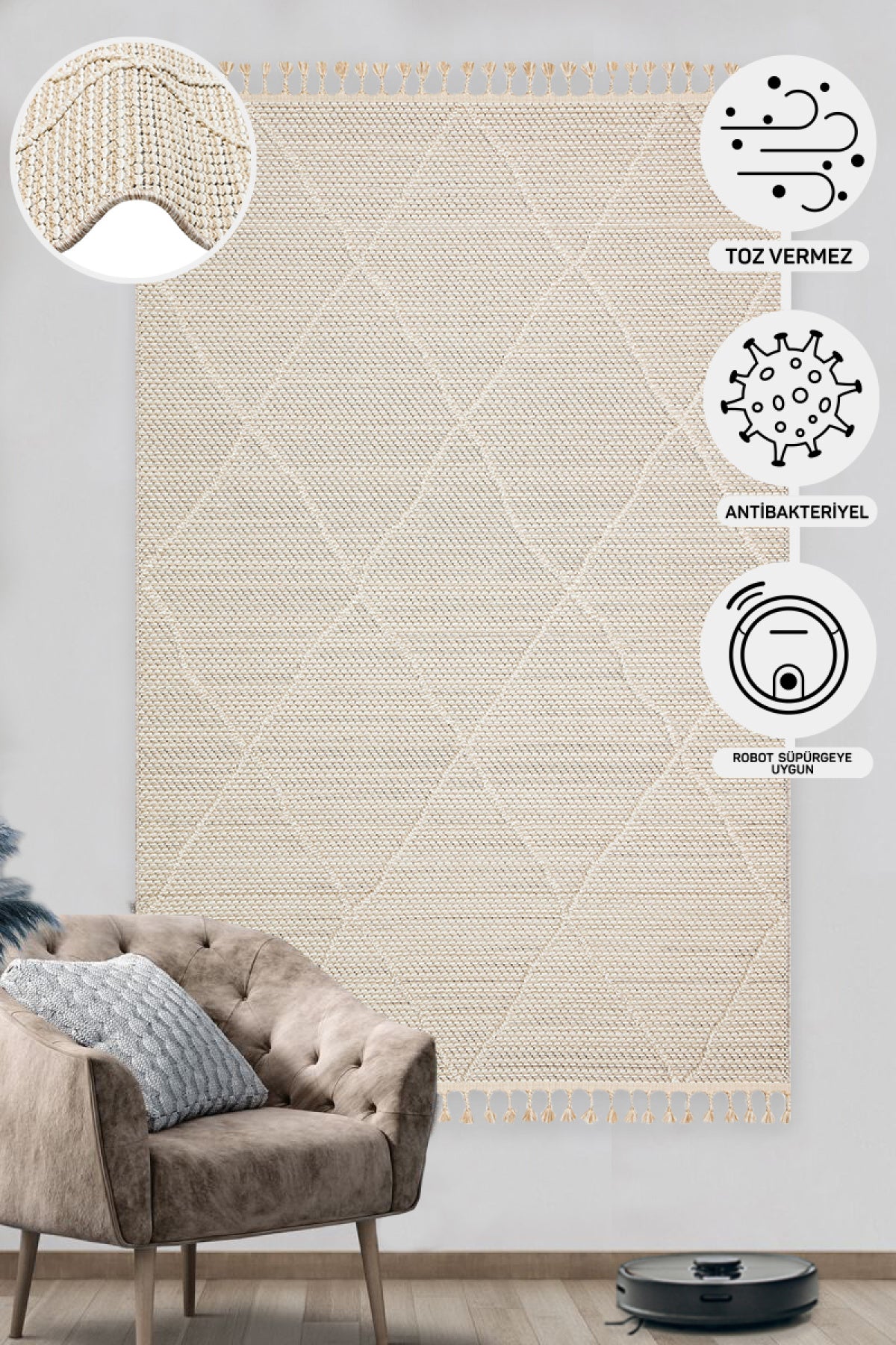 Scandinavian Knitted Loop Modern Soft Textured Antiallergic Beige Living Room Kitchen Hallway Carpet