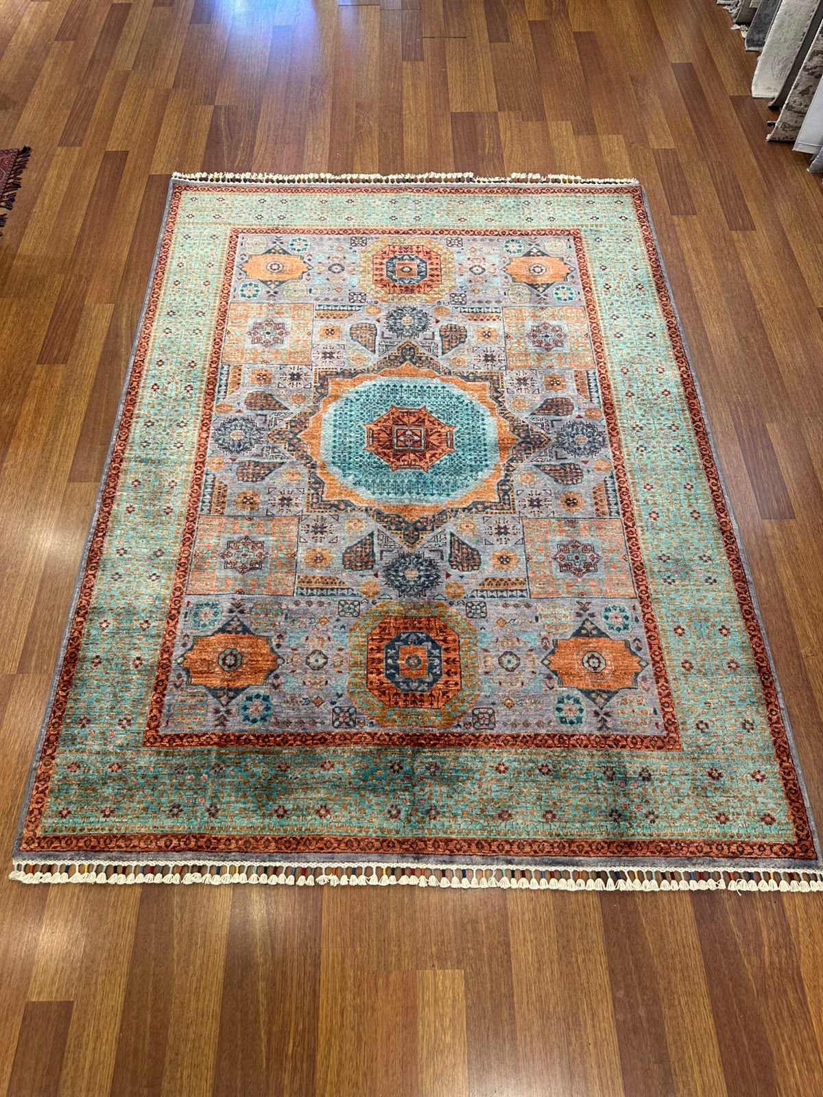 Memlük Yeşil El Dokuma Halı Geleneksel Anadolu Desenli Vintage Dekoratif Yün Salon Halısı - Haki