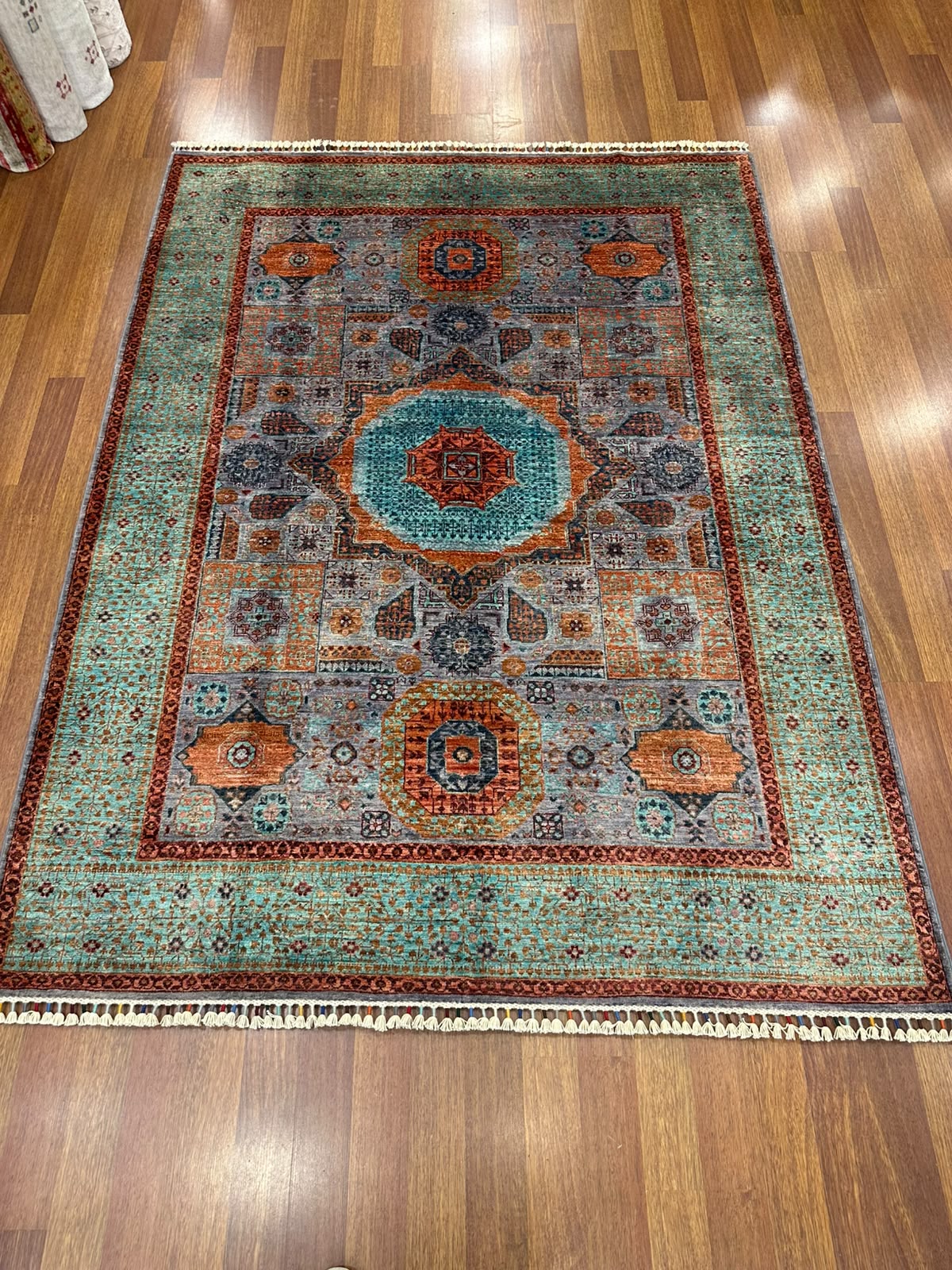 Memlük Yeşil El Dokuma Halı Geleneksel Anadolu Desenli Vintage Dekoratif Yün Salon Halısı - Haki