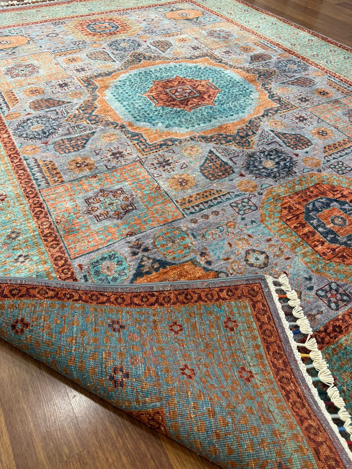 Memlük Yeşil El Dokuma Halı Geleneksel Anadolu Desenli Vintage Dekoratif Yün Salon Halısı - Haki