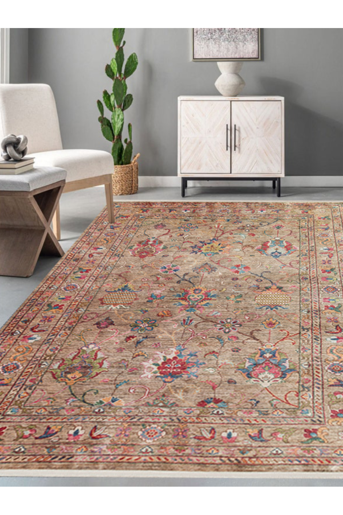 Karabakh Antique Patterned Washable, Easy-to-Use Non-Slip Nostalgic Beige Machine Made Carpet