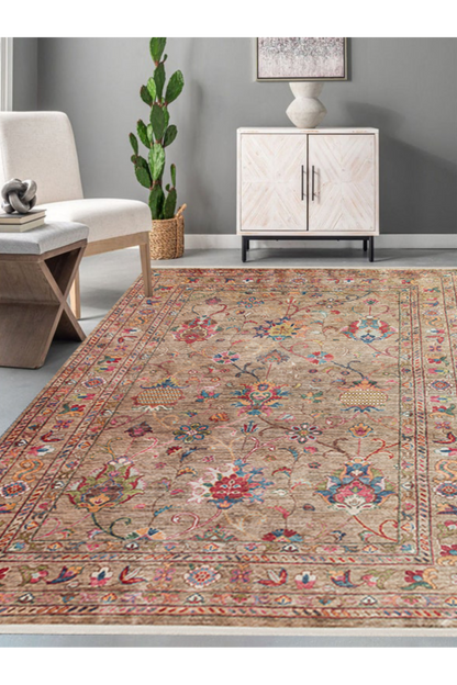 Karabakh Antique Patterned Washable, Easy-to-Use Non-Slip Nostalgic Beige Machine Made Carpet