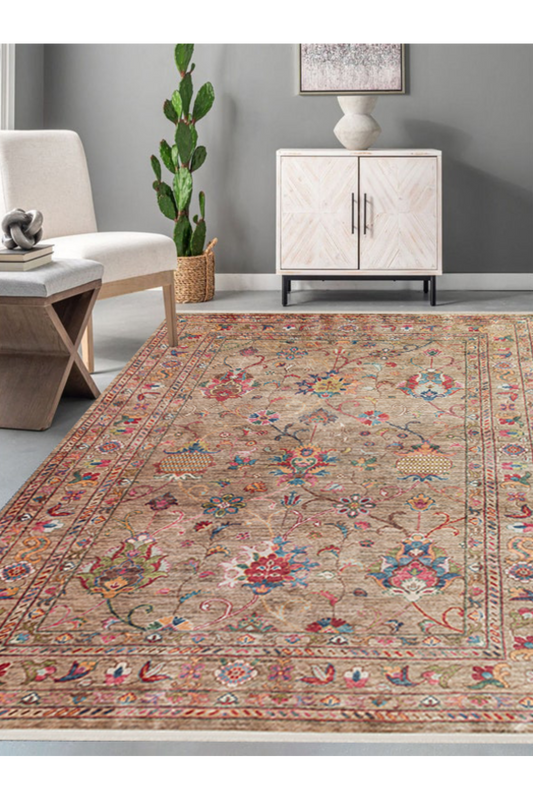 Karabakh Antique Patterned Washable, Easy-to-Use Non-Slip Nostalgic Beige Machine Made Carpet