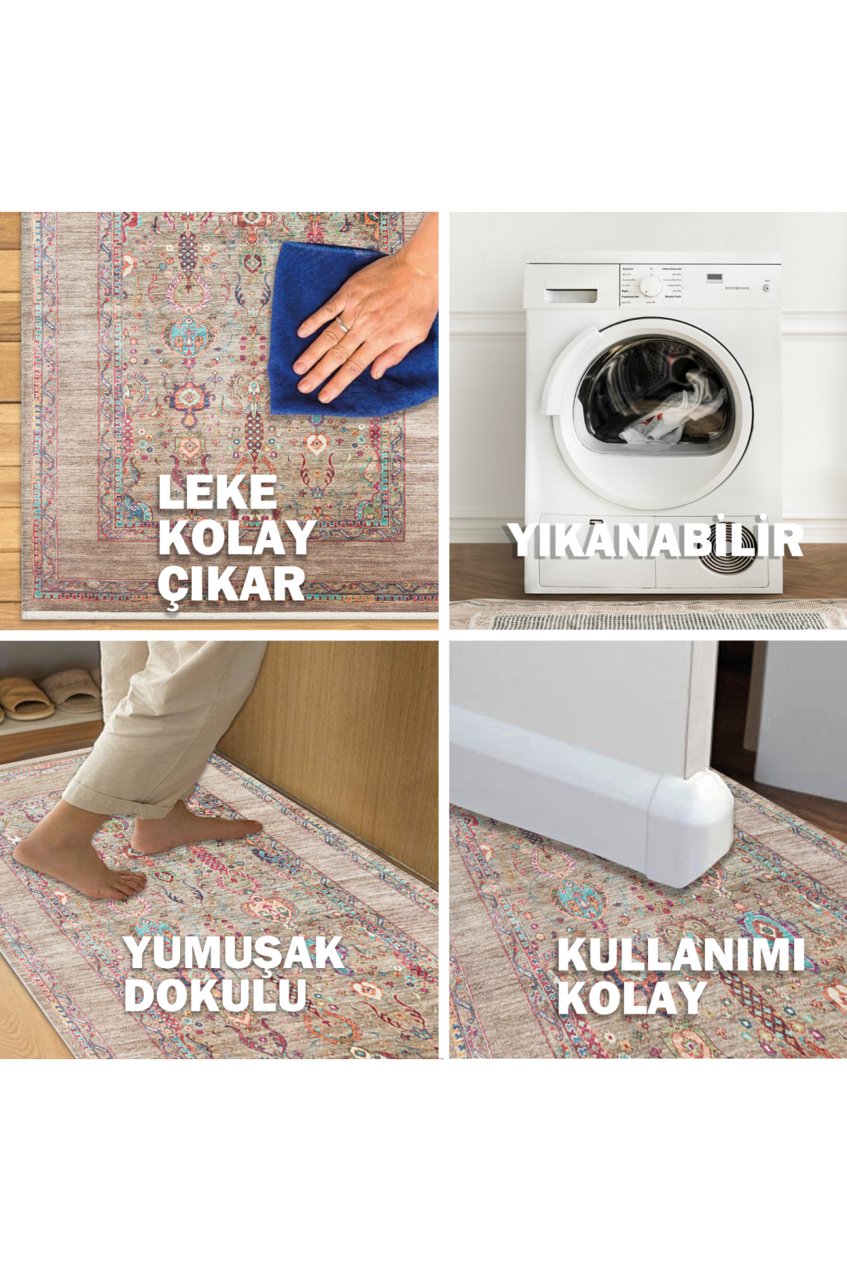 Karabakh Antique Patterned Washable, Easy-to-Use Non-Slip Nostalgic Beige Machine Made Carpet