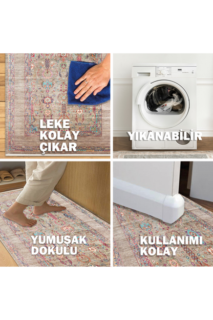 Karabakh Antique Patterned Washable, Easy-to-Use Non-Slip Nostalgic Beige Machine Made Carpet