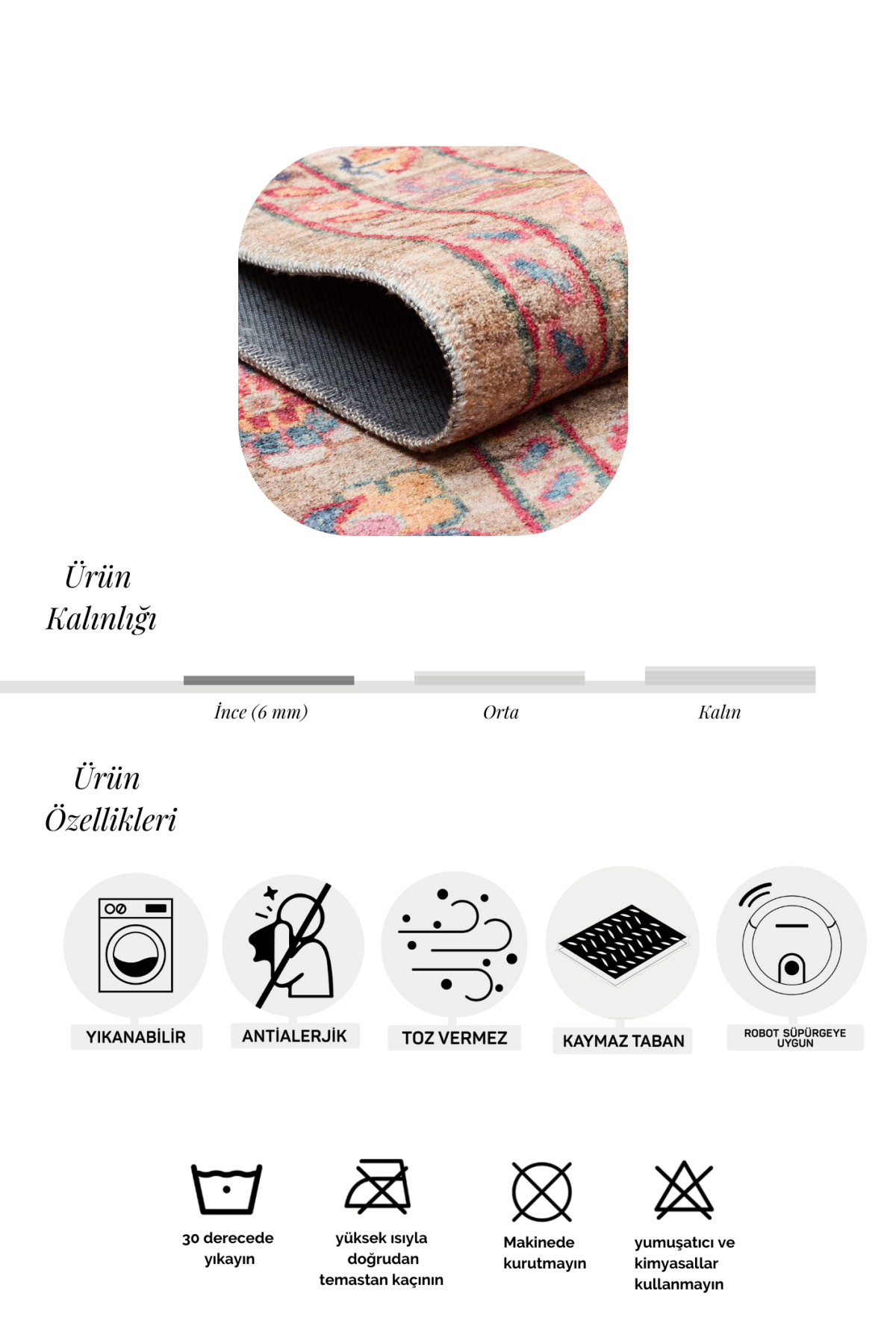 Karabakh Antique Patterned Washable, Easy-to-Use Non-Slip Nostalgic Beige Machine Made Carpet