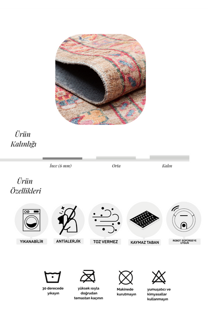 Karabakh Antique Patterned Washable, Easy-to-Use Non-Slip Nostalgic Beige Machine Made Carpet