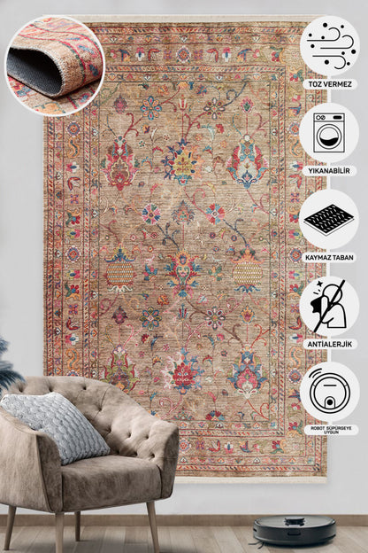 Karabakh Antique Patterned Washable, Easy-to-Use Non-Slip Nostalgic Beige Machine Made Carpet