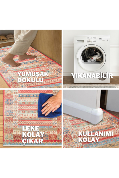 Washable, Easy-to-use, Non-Slip Nostalgic Red Machine Made Carpet with Karabakh Antique Patterns