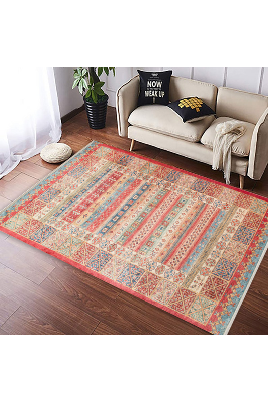 Washable, Easy-to-use, Non-Slip Nostalgic Red Machine Made Carpet with Karabakh Antique Patterns