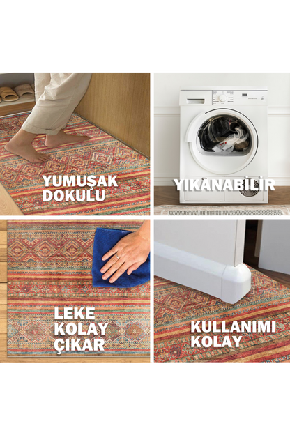 Washable, Easy-to-use, Non-Slip Nostalgic Red Machine Made Carpet with Karabakh Antique Patterns