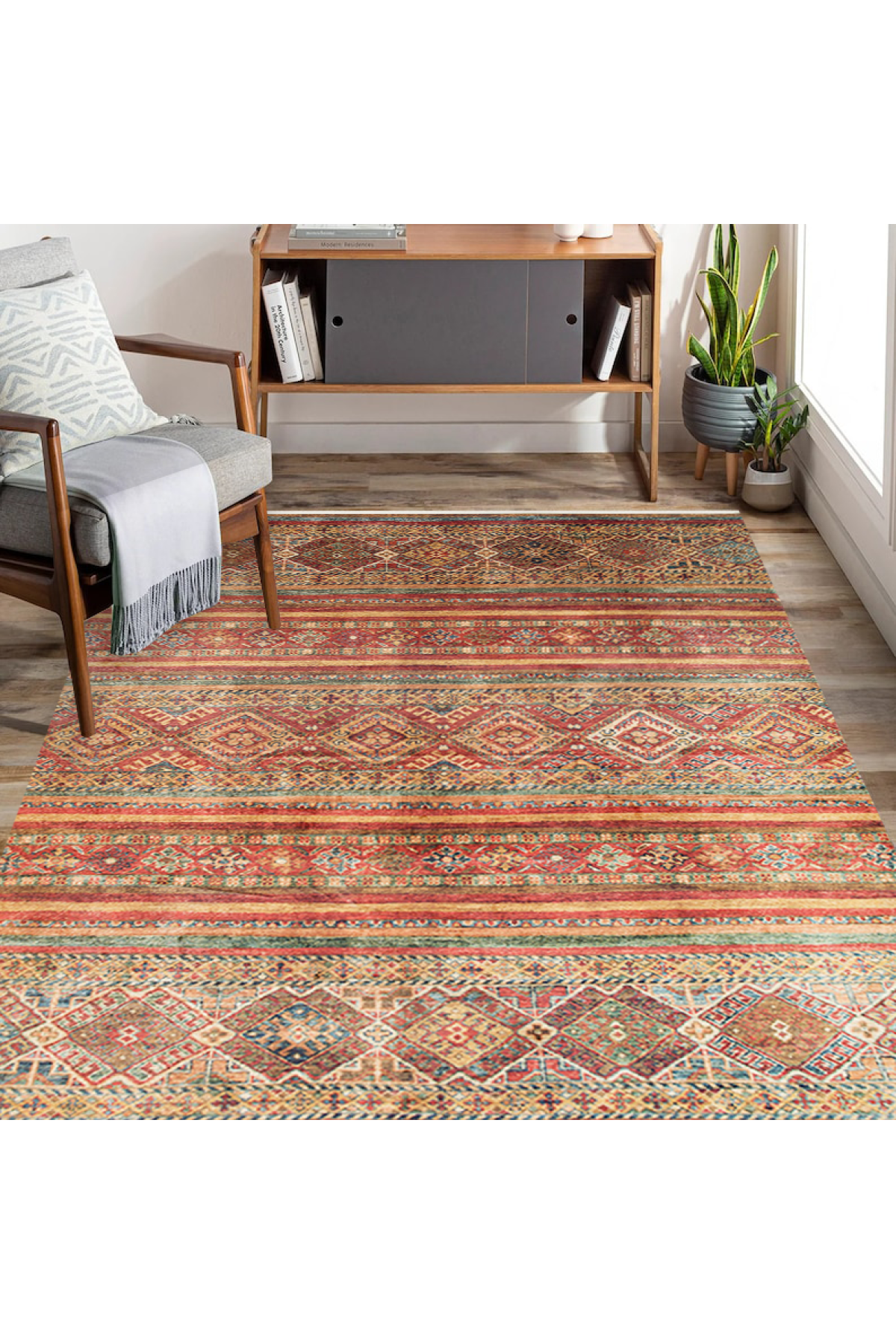 Washable, Easy-to-use, Non-Slip Nostalgic Red Machine Made Carpet with Karabakh Antique Patterns