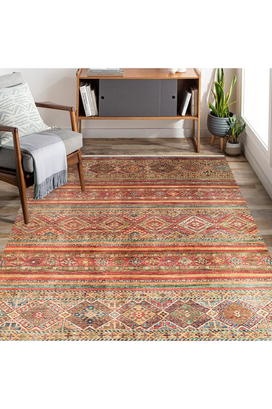 Washable, Easy-to-use, Non-Slip Nostalgic Red Machine Made Carpet with Karabakh Antique Patterns