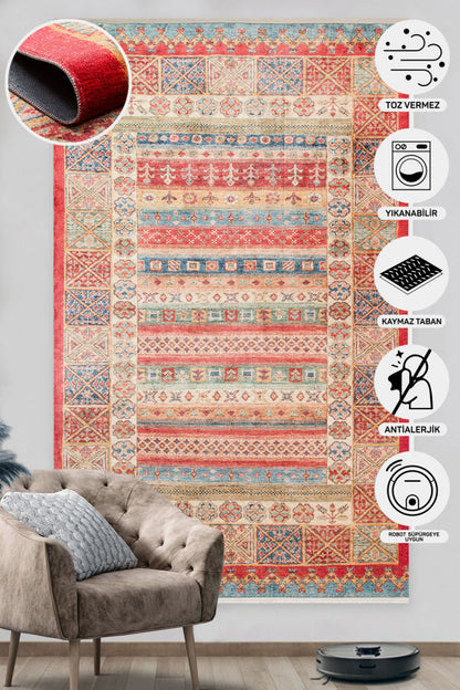 Washable, Easy-to-use, Non-Slip Nostalgic Red Machine Made Carpet with Karabakh Antique Patterns