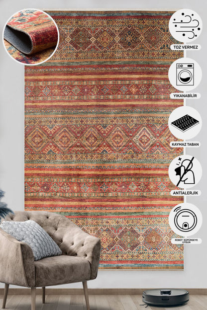 Washable, Easy-to-use, Non-Slip Nostalgic Red Machine Made Carpet with Karabakh Antique Patterns