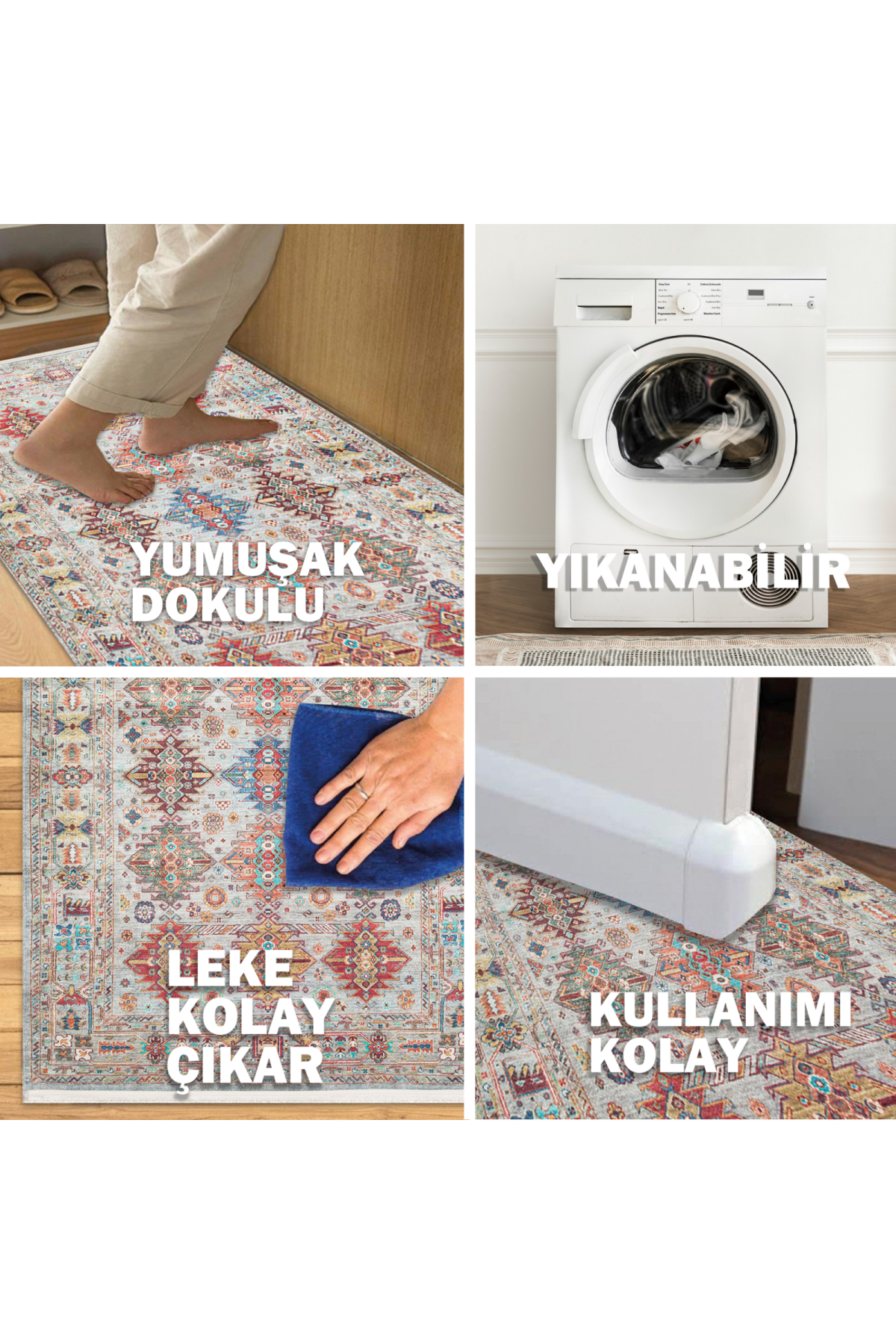 Washable, Easy-to-use, Non-Slip, Nostalgic Blue Machine Made Carpet with Karabakh Antique Patterns