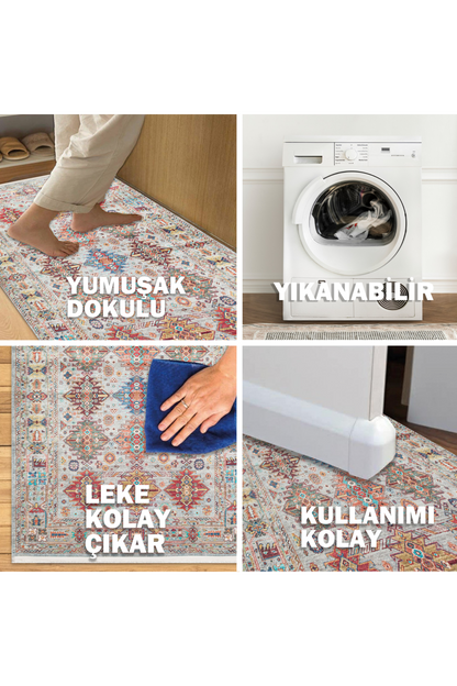 Washable, Easy-to-use, Non-Slip, Nostalgic Blue Machine Made Carpet with Karabakh Antique Patterns