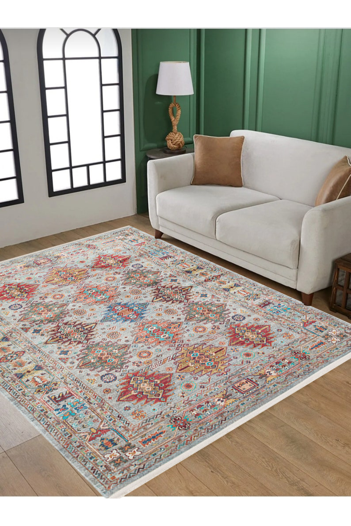 Washable, Easy-to-use, Non-Slip, Nostalgic Blue Machine Made Carpet with Karabakh Antique Patterns