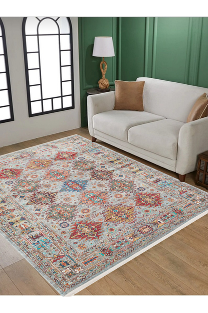 Washable, Easy-to-use, Non-Slip, Nostalgic Blue Machine Made Carpet with Karabakh Antique Patterns