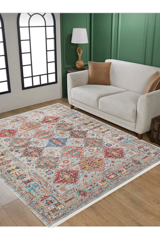 Washable, Easy-to-use, Non-Slip, Nostalgic Blue Machine Made Carpet with Karabakh Antique Patterns