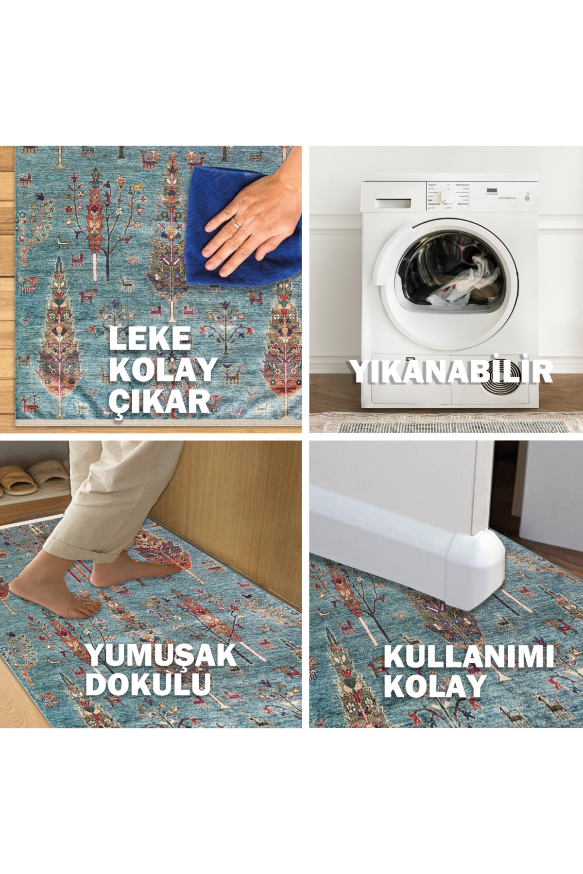 Washable, Easy-to-use, Non-Slip, Nostalgic Blue Machine Made Carpet with Karabakh Antique Patterns