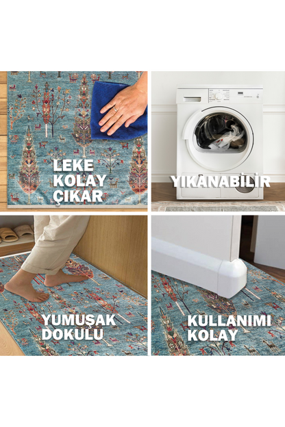 Washable, Easy-to-use, Non-Slip, Nostalgic Blue Machine Made Carpet with Karabakh Antique Patterns