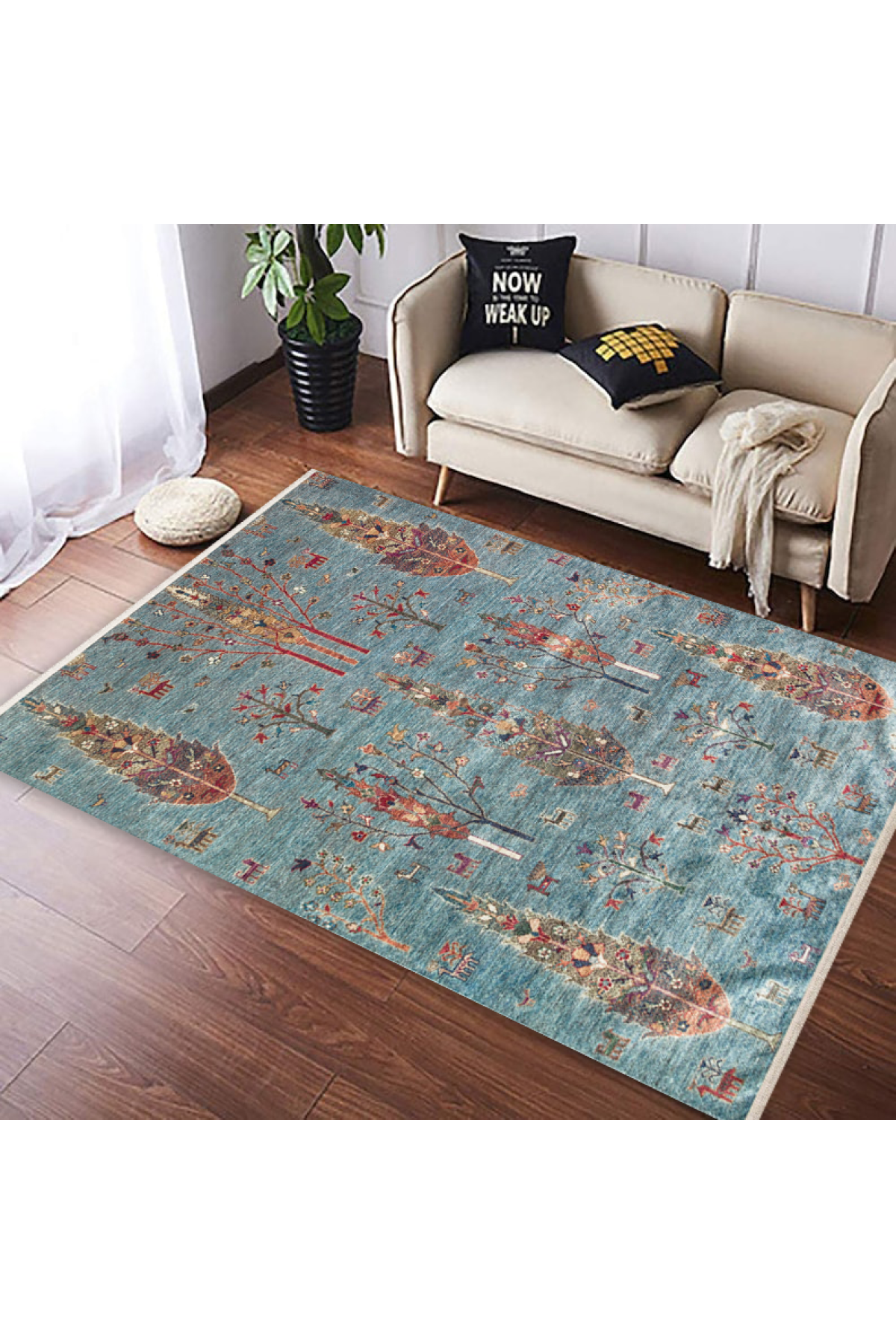 Washable, Easy-to-use, Non-Slip, Nostalgic Blue Machine Made Carpet with Karabakh Antique Patterns