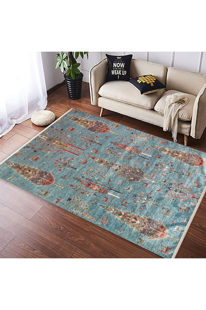 Washable, Easy-to-use, Non-Slip, Nostalgic Blue Machine Made Carpet with Karabakh Antique Patterns