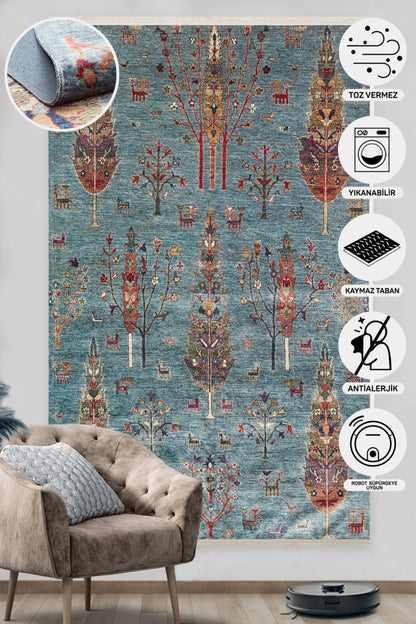 Washable, Easy-to-use, Non-Slip, Nostalgic Blue Machine Made Carpet with Karabakh Antique Patterns