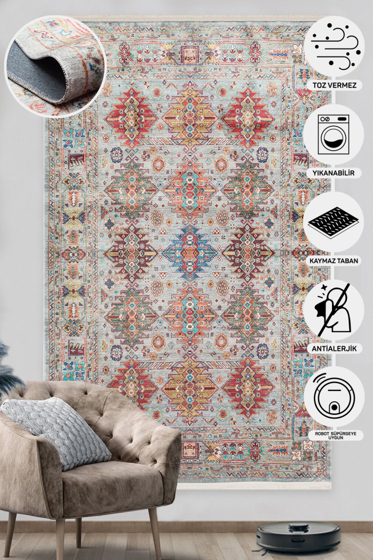 Washable, Easy-to-use, Non-Slip, Nostalgic Blue Machine Made Carpet with Karabakh Antique Patterns