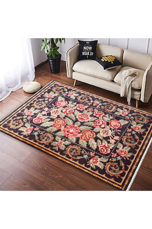 Washable, Easy-to-use, Non-Slip, Nostalgic Black Machine Made Carpet with Karabakh Antique Patterns