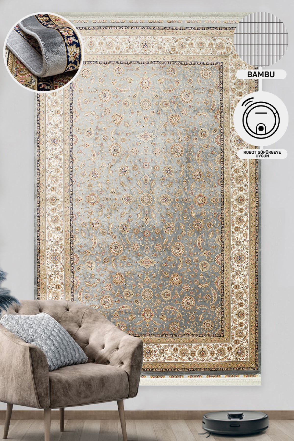 Classic Patterned High Quality Closely Woven Bamboo Silk Patterned Shiny Gray Cream Living Room Carpet